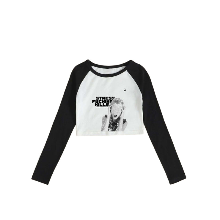 STRESS KILSS LONG SLEEVE BLACK AND WHITE CROP TOP